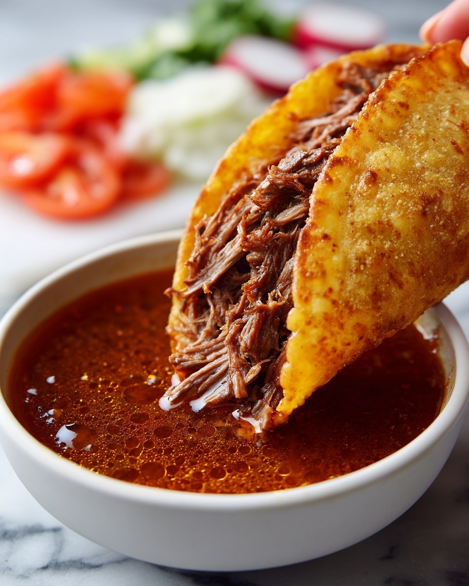 A close-up view shows a golden-brown taco shell filled with shredded, dark brown meat, held by a woman's hand partially dipping it into a white bowl filled with rich, reddish-brown broth with floating oil droplets. The taco shell has a slightly crispy texture with visible seasoning on its surface. In the blurred background, there are colorful sliced vegetables, including red, white, and green pieces, resting on a white marbled surface. Photo taken with an iphone --ar 4:5 --v 7