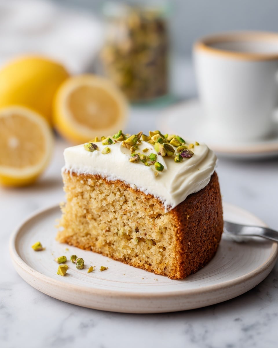 A single slice of cake shows two layers: the bottom layer is a light brown, moist, crumbly cake with a soft texture, and the top layer is thick white cream frosting spread evenly with pieces of green pistachio nuts scattered on top. The cake slice is on a white wooden plate. In the background on a white marbled surface, there is a white cup with a handle, some sliced round yellow lemons, and a blurred jar filled with pistachios. Photo taken with an iphone --ar 4:5 --v 7