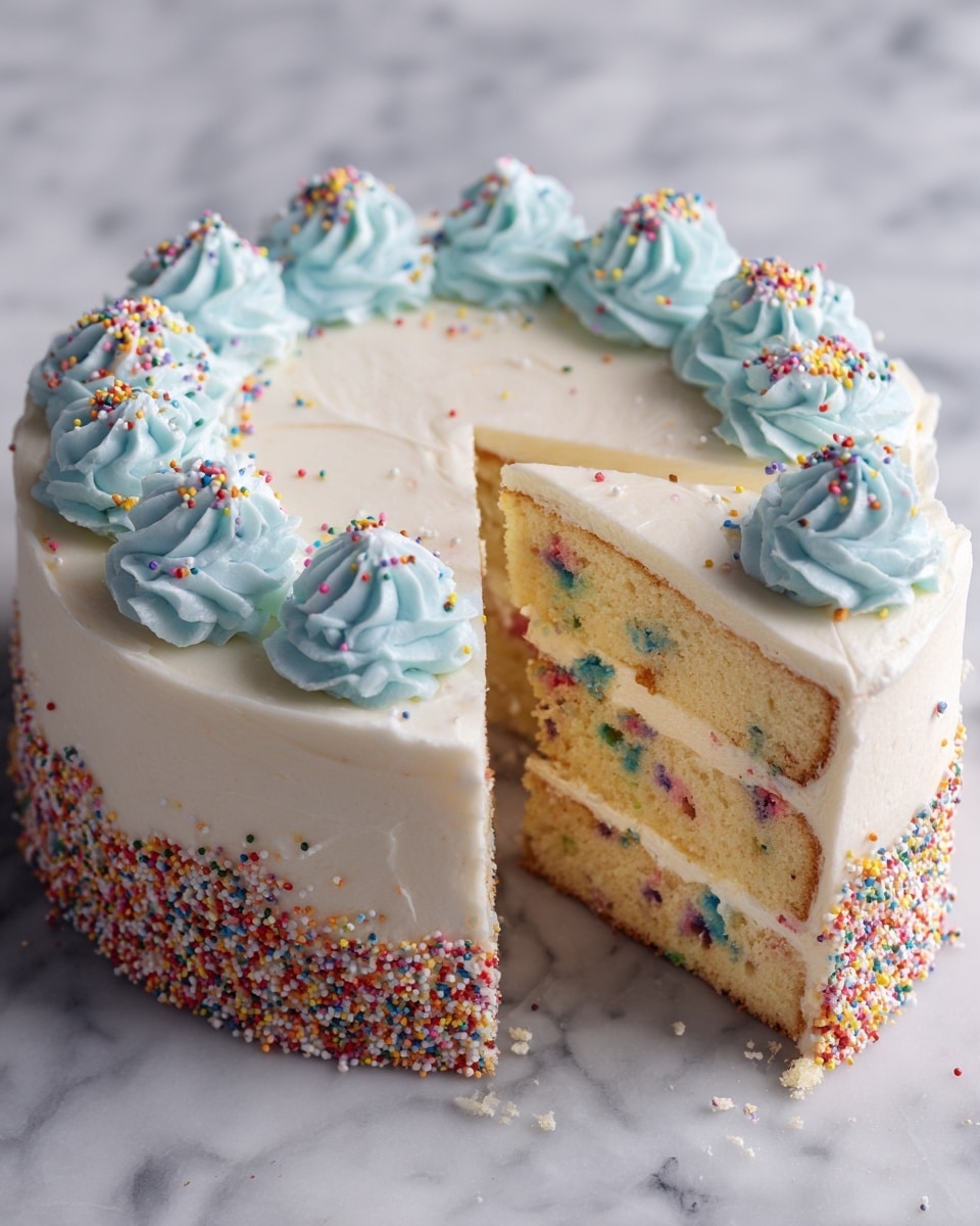 A round, two-layer vanilla cake with colorful sprinkles baked inside the cake layer and on top, sitting on a white marble surface. The cake is covered in smooth white frosting, with an even layer on the sides and top. On top of the cake, there are six dollops of light blue whipped cream evenly spaced around the edge. One slice is lifted out, showing the thick layer of white frosting between the two cake layers and the soft texture of the cake inside. The vibrant sprinkles add a pop of color on the creamy white surface. Photo taken with an iphone --ar 4:5 --v 7