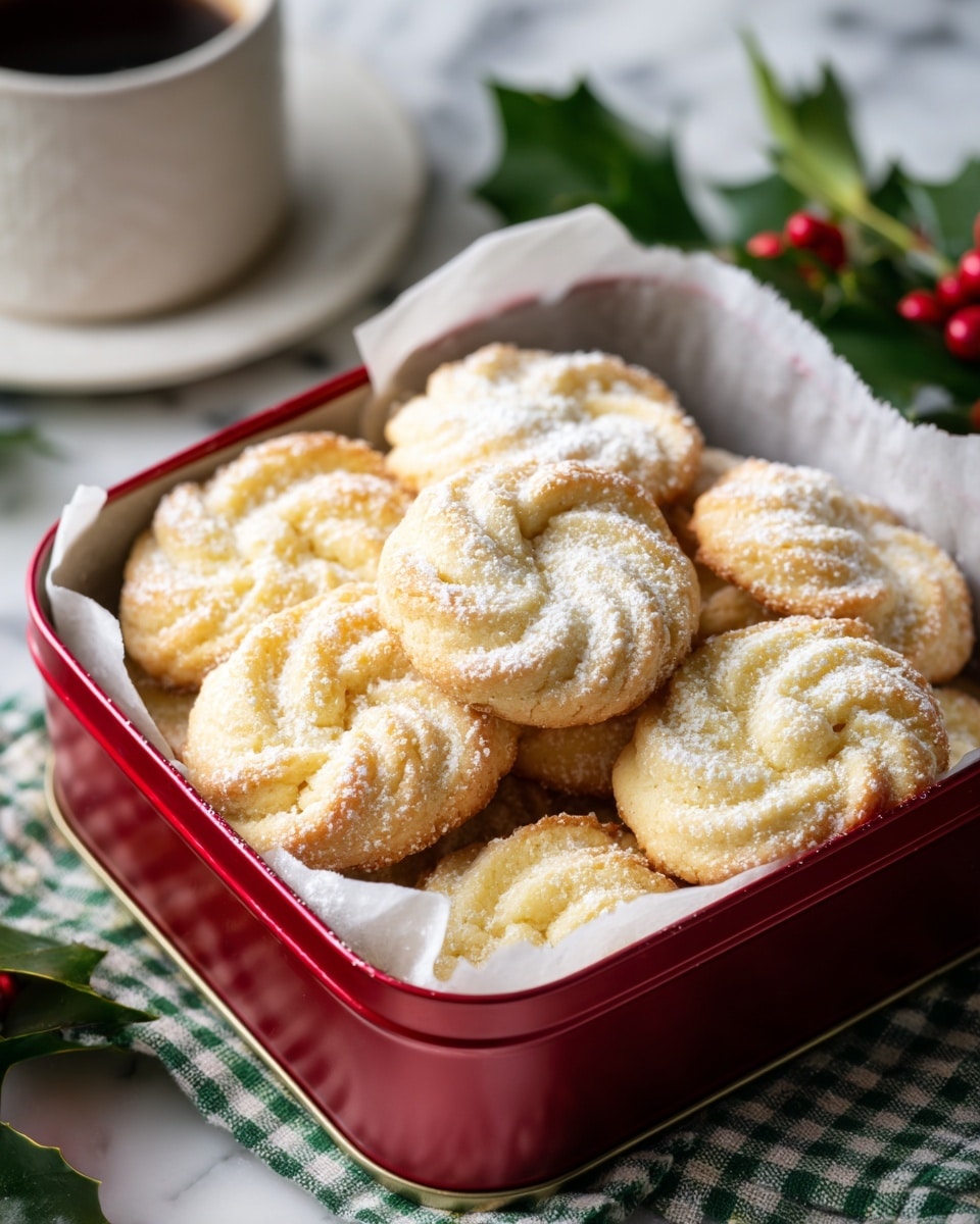 A red square tin filled with a layer of golden round swirl cookies, each with a soft, crumbly texture and a light dusting of sugar on top. The cookies are arranged in a slightly overlapping way, lying on white parchment paper that lines the tin. Around the tin, the background shows a white marbled surface with a green and white checkered cloth and some green leaves with red berries blurred in the back. There is also a white bowl with a dark liquid visible near the edge of the image. Photo taken with an iphone --ar 4:5 --v 7