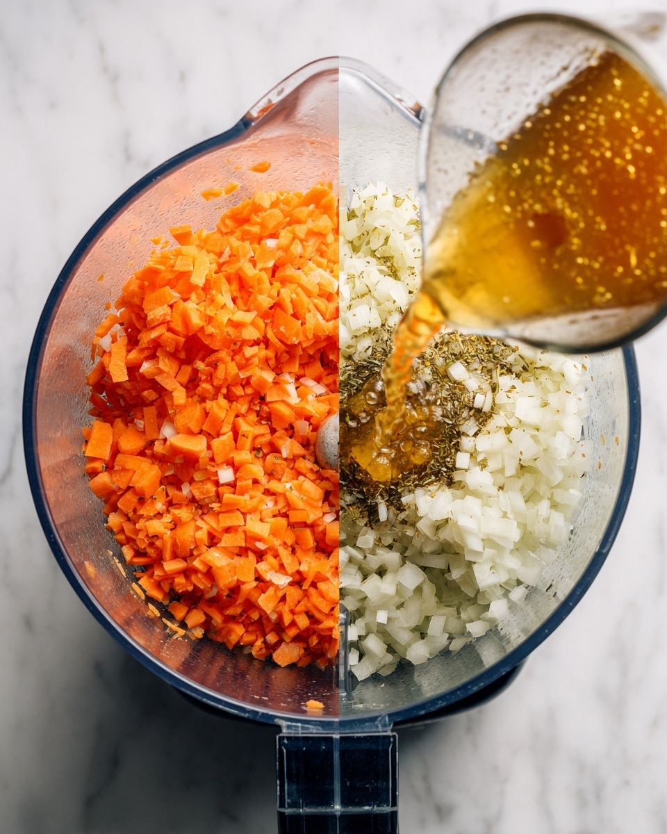 The image shows two side-by-side scenes: on the left, there is a close-up of finely chopped carrots and white onions placed separately on a white marbled surface, with the orange of the carrots contrasting with the white onions; on the right, these chopped vegetables are inside a clear blender container, where a golden liquid is being poured over them, with the blender's dark base visible below. photo taken with an iphone --ar 4:5 --v 7