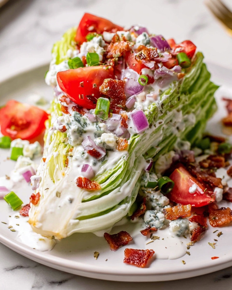 A wedge of light green lettuce with many crisp layers sits on a white plate on a white marbled surface, covered in thick white creamy dressing. On top, there are bright red tomato slices, small bits of blue cheese, green slices of spring onion, finely chopped purple onion, and small crispy brown bacon bits scattered around. The dressing looks smooth and rich, partially covering the lettuce and toppings on all sides. Photo taken with an iphone --ar 4:5 --v 7