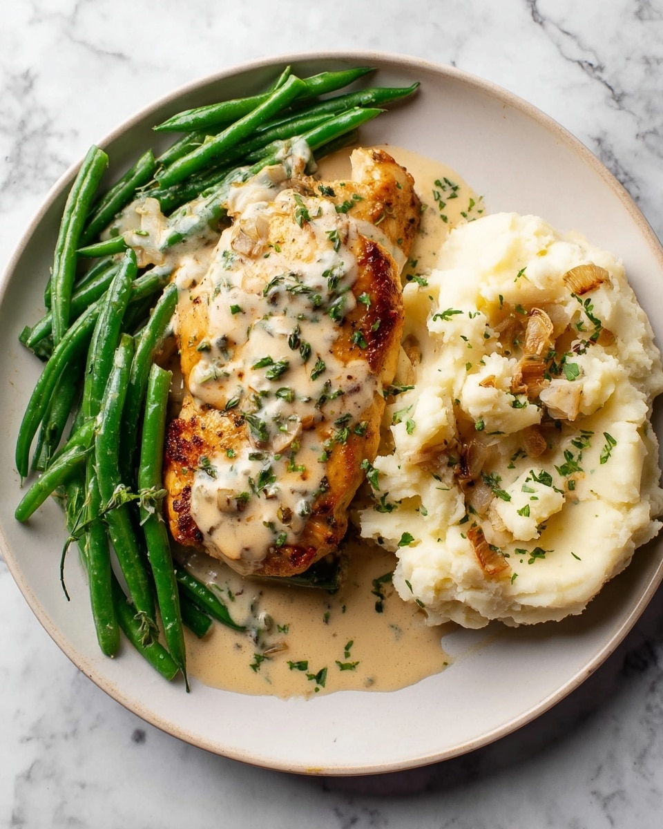 A white plate holds a meal with three main parts: a golden brown chicken piece covered with light creamy sauce with green herb bits on top, bright green beans drizzled with the same light creamy sauce positioned to the bottom left, and creamy mashed potatoes with a few browned garlic cloves and sprinkled green herbs on the right side. The plate sits on a white marbled surface. photo taken with an iphone --ar 4:5 --v 7