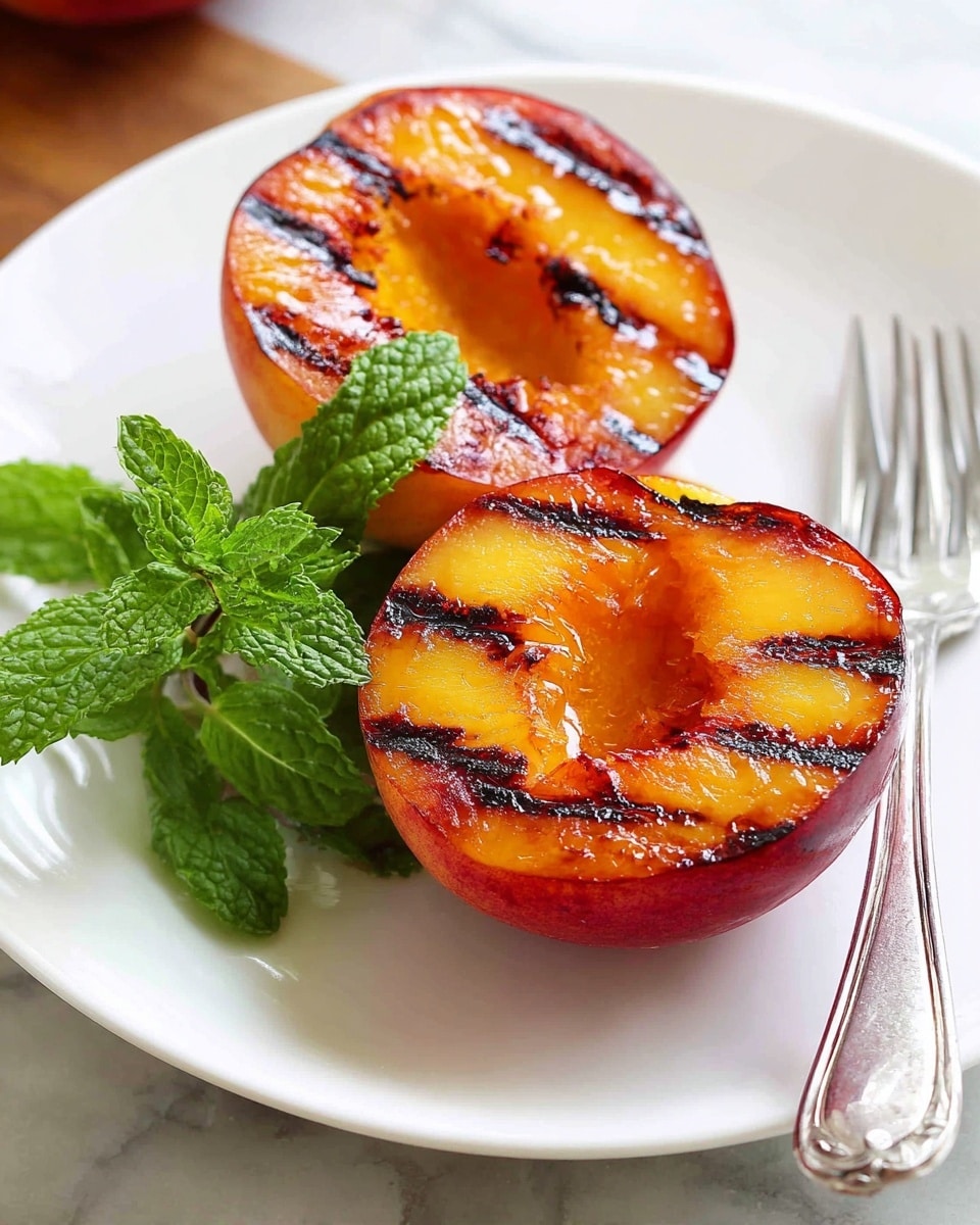 Two grilled peach halves with golden-orange flesh and dark grill marks sit side by side on a smooth white plate. The peaches have a slightly shiny, caramelized surface with a few juicy textures visible where the fruit softens. Beside the peaches is a small bunch of fresh, green mint leaves with visible veins and a slightly crinkled texture. A silver fork with reflective prongs lies diagonally on the plate near the peaches. The plate rests on a white marbled textured surface. photo taken with an iphone --ar 4:5 --v 7