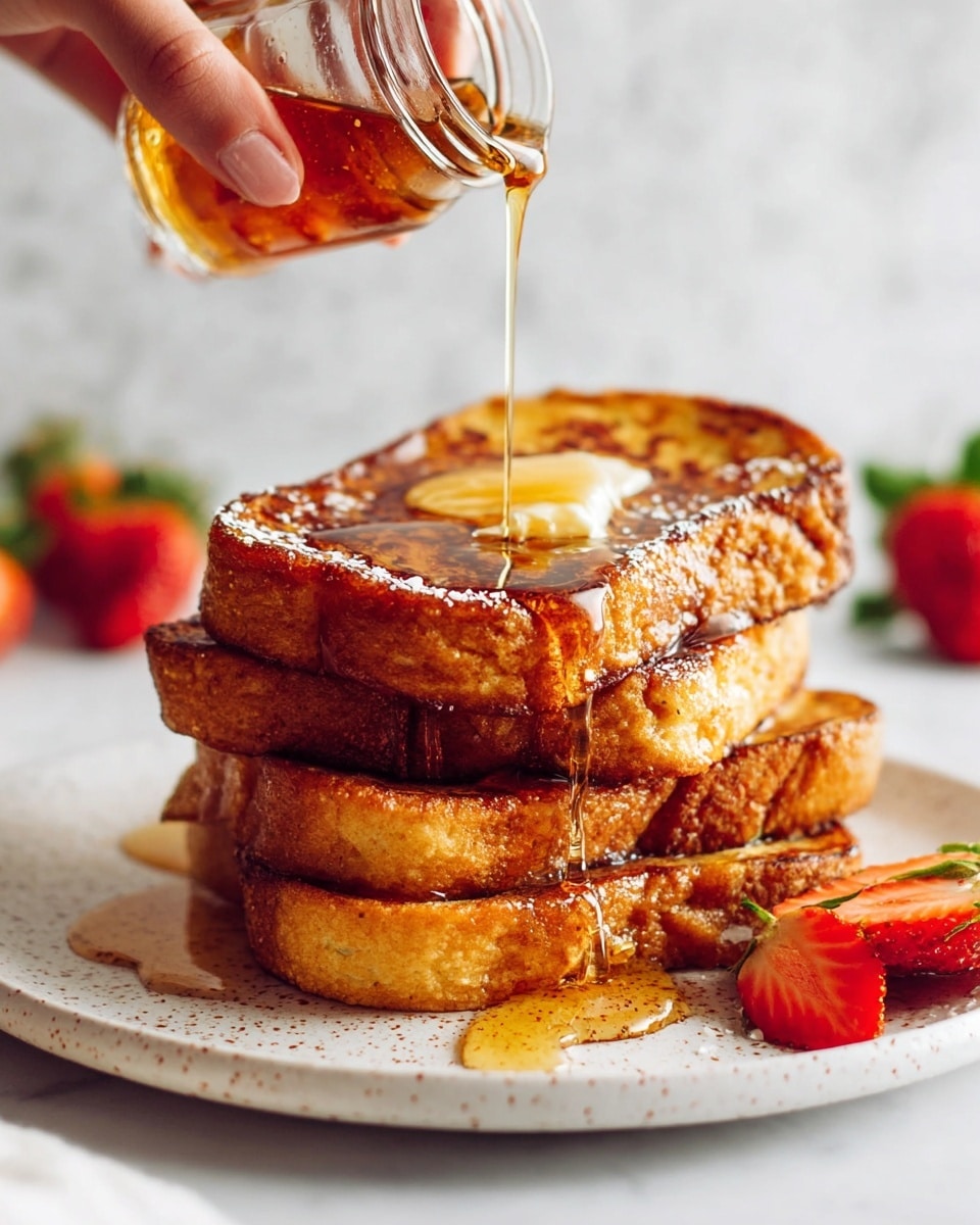 A stack of three thick slices of golden-brown French toast sits on a white plate with tiny brown speckles, placed on a white marbled surface. Each slice is toasted with crisp edges and a soft inside, with a small pat of butter melting on the top slice. A woman's hand pours amber syrup from a small glass jar, letting it flow down the sides of the stack, catching the light and making the toast look shiny and sweet. Around the plate, there are a few fresh strawberries with green leaves adding bright red color to the soft warm tones of the toast. Photo taken with an iphone --ar 4:5 --v 7
