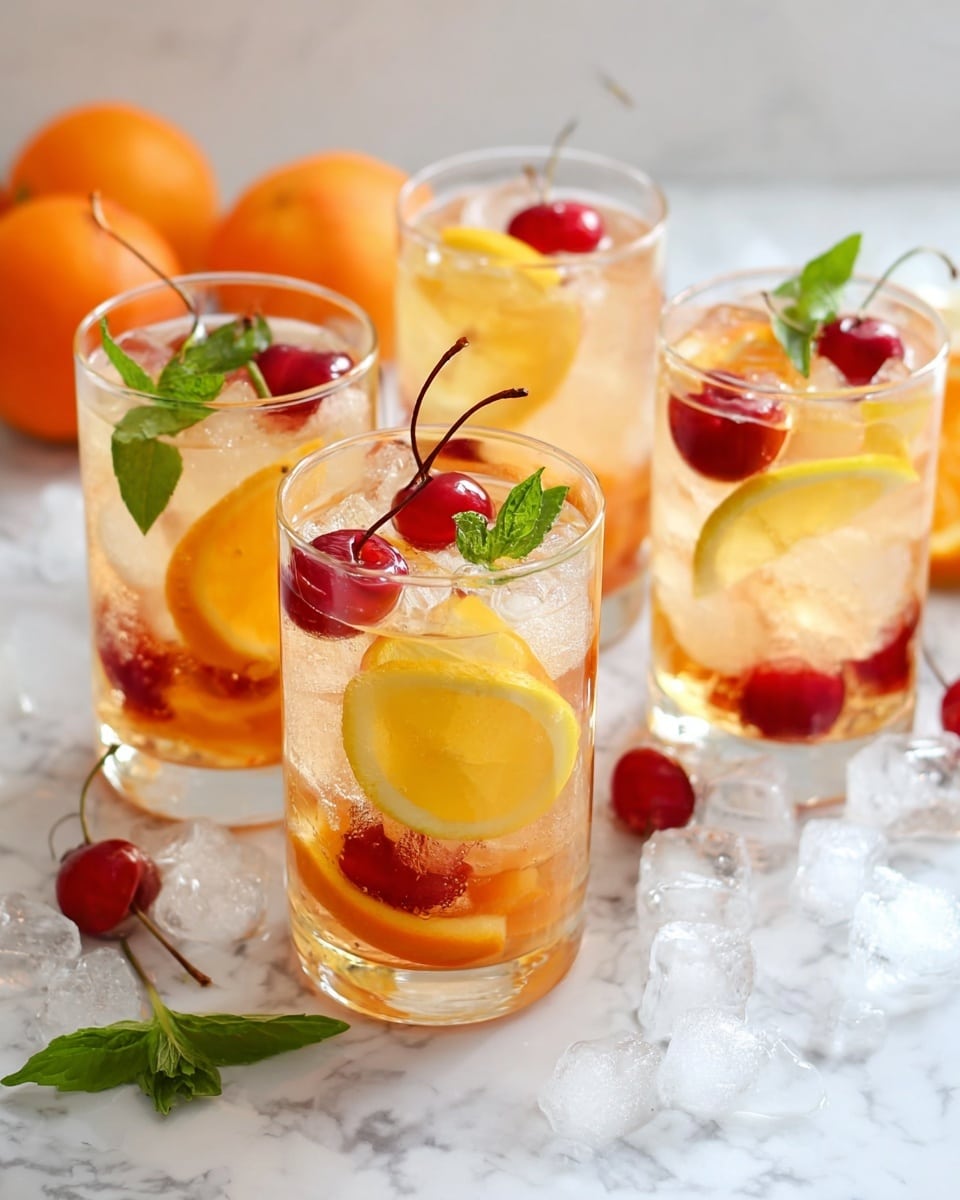 Four clear glasses filled with a light amber drink and ice cubes are placed on a white marbled surface. Each glass has layers of fruit inside: thin slices of yellow lemon, red cherries with stems, and orange apricot pieces. On top, some glasses are decorated with whole cherries and fresh green mint leaves. Around the glasses, there are scattered ice cubes and halved apricots with visible pits, adding bright orange color to the setting. Photo taken with an iphone --ar 4:5 --v 7