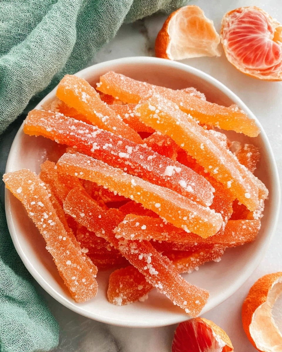 A small white bowl filled with bright orange candied fruit strips covered in white sugar crystals, showing a rough sugary texture. The bowl is placed on a white marbled surface, surrounded by some peeled orange and red fruit pieces and a soft green textured cloth nearby. The colors contrast well between the vibrant orange candy, the clean white of the bowl and marble, and the muted green cloth. photo taken with an iphone --ar 4:5 --v 7