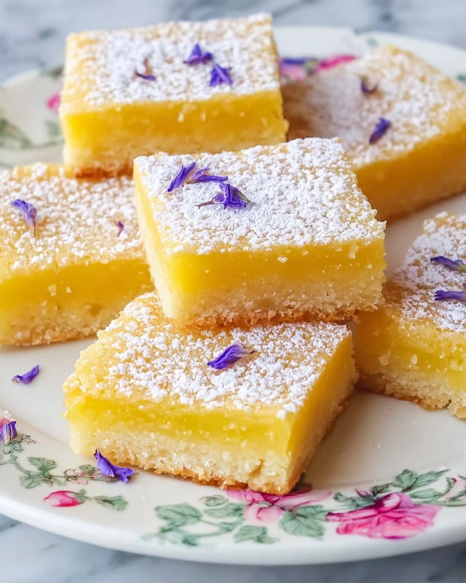 The image shows several rectangular lemon bars arranged on a white plate with a floral pattern. Each lemon bar has two layers: the bottom layer is a light golden brown crust with a slightly crumbly texture, and the top layer is a smooth, bright yellow lemon filling. The lemon bars are dusted with a fine white powdered sugar topping. Small purple flower petals are lightly scattered on top of the powdered sugar, adding a delicate decoration. The scene is set on a white marbled surface. photo taken with an iphone --ar 4:5 --v 7