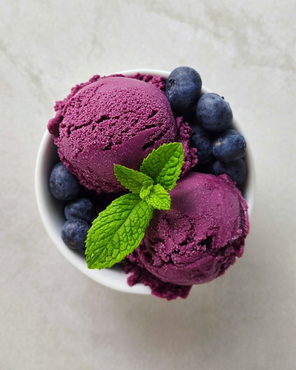 A white bowl is filled with two scoops of deep purple ice cream that have a rough, creamy texture. Around the scoops, there are several fresh blueberries with a dark blue color. On top, two bright green mint leaves add a fresh, vibrant touch. The bowl sits on a white marbled surface, and the photo is taken from above. photo taken with an iphone --ar 4:5 --v 7