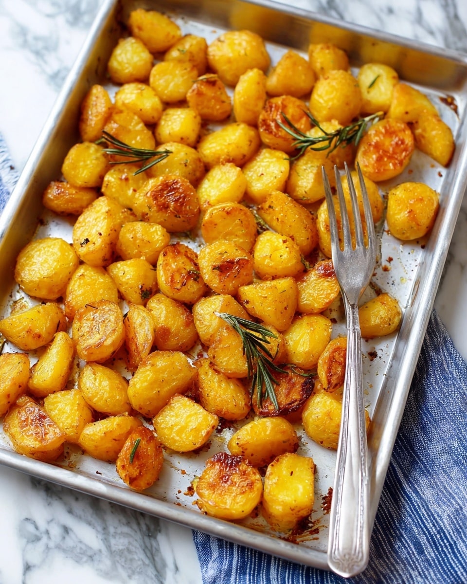 A metal baking tray is filled with many small, golden roasted potato pieces. Each potato piece shows a crispy, slightly browned surface with a soft yellow inside, arranged closely to cover the tray. There are a few small sprigs of green rosemary on top, adding color contrast. A fork with a shiny silver handle lies diagonally on the tray's bottom right corner. The tray is placed over a white marbled surface with a blue and white striped cloth visible underneath the tray's bottom edge. photo taken with an iphone --ar 4:5 --v 7