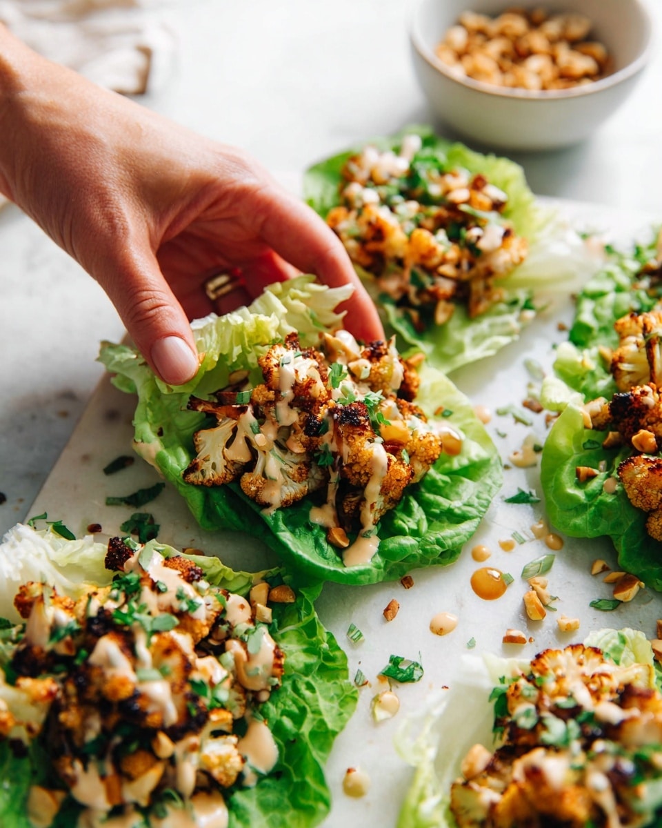 A close view of several fresh green lettuce leaves forming cups, each filled with golden-brown roasted cauliflower pieces mixed with small dark bits and chopped nuts, dressed lightly with a creamy beige sauce, and sprinkled with chopped green herbs. A woman's hand is gently holding one of the lettuce cups on a white marbled surface that has small drops of sauce and scattered herbs and nuts around. In the background, there is a white bowl with more nuts. photo taken with an iphone --ar 4:5 --v 7