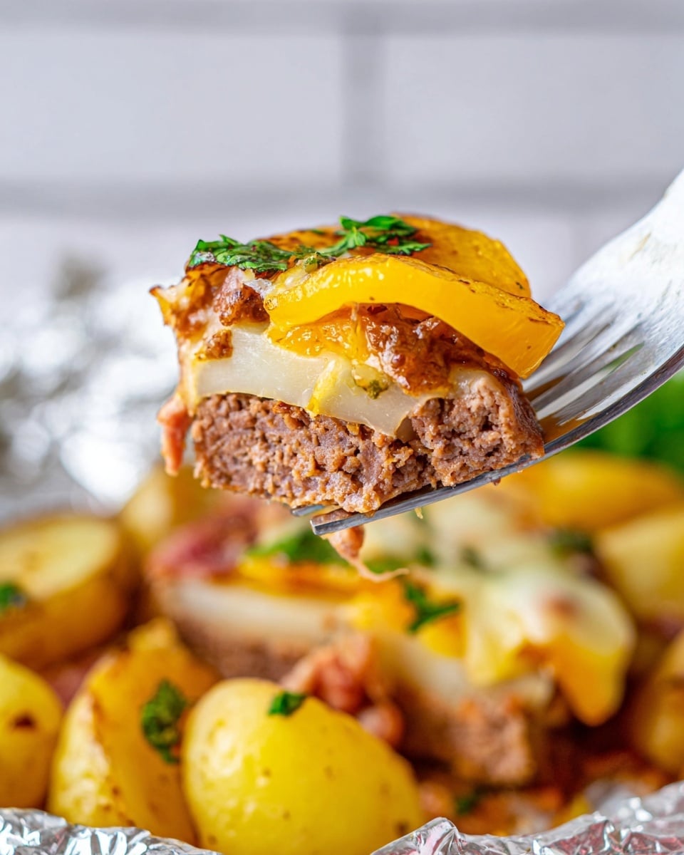A close-up shot of a fork holding a layered bite of food with four layers: at the top is a thick, textured brown meat layer, below it is a melted yellow cheese layer slightly dripping, under that is a small slice of orange bell pepper, and at the bottom is a golden roasted potato wedge with bits of green herbs. The background shows more roasted potatoes with bits of bacon in a white marbled texture setting. Photo taken with an iphone --ar 4:5 --v 7