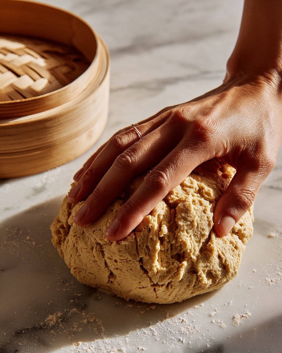 A close-up shot shows a woman's hand pressing down on a rough-textured, light brown dough lump placed on a white marbled surface, with a bamboo steamer partially visible in the top left corner. The dough looks soft and slightly cracked, indicating its elasticity and readiness to be shaped. The lighting highlights the natural tones of the dough and the gentle, natural texture of the skin. Photo taken with an iphone --ar 4:5 --v 7