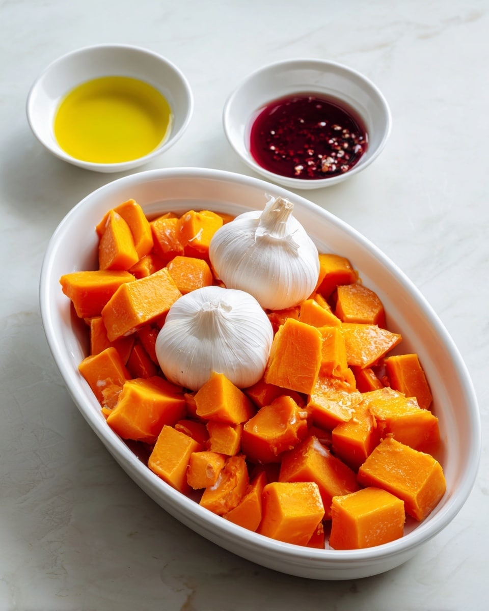 A white oval dish is filled with roughly chopped pieces of bright orange pumpkin spread around the base. In the center of the pumpkin pieces lies a whole white garlic bulb without its outer white skin. Behind the dish, on a white marbled surface, there are two small white bowls — one containing bright yellow oil and the other filled with dark red sauce. The setting is simple with a light wall in the background. photo taken with an iphone --ar 4:5 --v 7