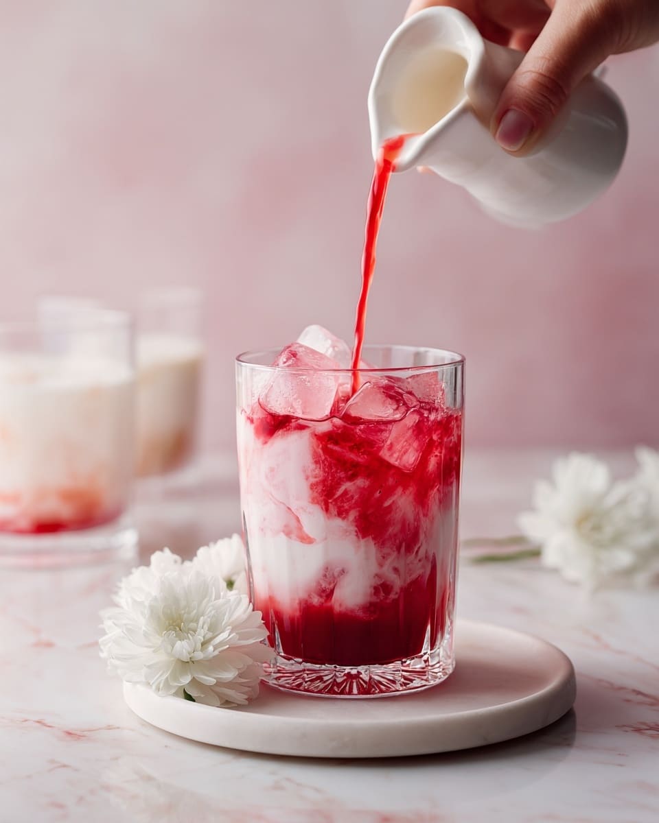 A clear glass filled with ice cubes holds two main layers: the bottom layer is white and creamy, while the top layer shows bright red liquid being poured from a white jug held by a woman's hand, creating a swirling mix inside the glass. The glass sits on a white round plate with a white flower beside it, all set on a white marbled surface. In the background, there is a blurred glass with similar layers and another white object, all against a soft, light pink background. photo taken with an iphone --ar 4:5 --v 7