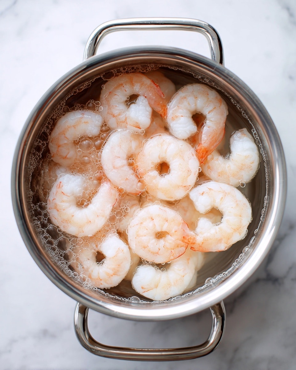 A pot filled with clear water and shrimp submerged inside. The shrimp are light pink and white with a firm texture, curled in shape and floating close together in the pot. Tiny bubbles cling to the surface of the shrimp and float on the water. The pot is metallic with a shiny silver edge and handle, placed on a white marbled surface. Photo taken with an iphone --ar 4:5 --v 7