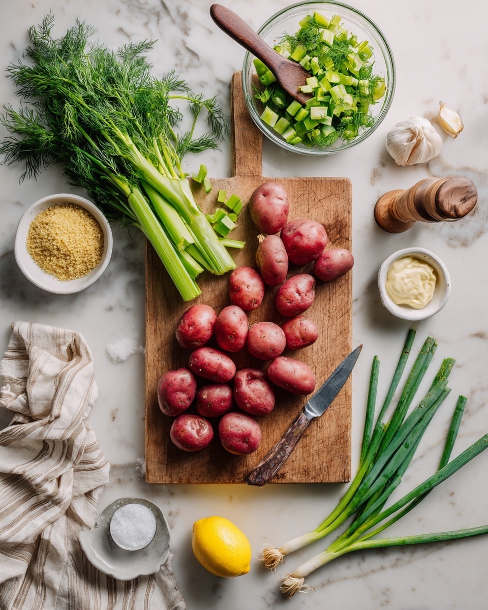On a white marbled surface, a wooden cutting board holds nine small red potatoes scattered around a large knife with a wooden handle. To the left of the potatoes, light green celery sticks and small celery cubes are arranged partly covering the knife blade. Above the cutting board is a large clear glass bowl filled with fresh green dill and chives, with a brown spatula resting on the edge. To the right of the cutting board, on the white marbled surface, there is a small white bowl with grainy mustard, a small glass bowl with a dollop of white mayo, and a small wooden pepper grinder. Nearby, a few garlic cloves with papery skins lie scattered. Green spring onions spread horizontally near the bottom edge, with a halved lemon and a whole lemon beside a yellow lemon squeezer. At the bottom left, a small white bowl with salt and a silver measuring spoon complete the scene. A beige and white striped cloth is casually placed near the mustard bottle. Photo taken with an iphone --ar 4:5 --v 7