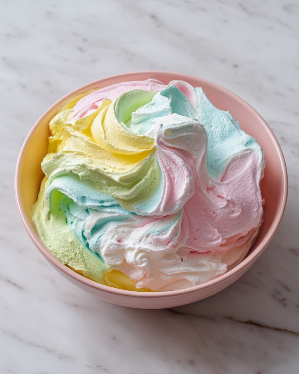 The image shows a bright pink bowl filled with swirled, fluffy whipped cream in five colors: blue, yellow, green, pink, and white. The whipped cream has a soft and smooth texture with peaks and swirls on the surface, creating a cloud-like effect. The colors are spread unevenly but blend gently where they meet, making each section stand out with its pastel shade. The bowl sits on a white marbled surface, adding a clean and elegant background that contrasts with the vivid colors of the whipped cream. photo taken with an iphone --ar 4:5 --v 7