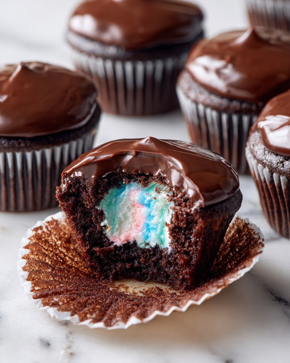 The image shows a group of six chocolate cupcakes on a white marbled surface. Each cupcake has a smooth, shiny chocolate glaze on top. The focus is on the front cupcake that has a bite taken out, revealing two layers inside: a dark, moist chocolate cake on the outside and a creamy center with bright pastel blue, white, and hints of pink swirled together. The texture of the chocolate glaze is glossy and slightly thick, covering the top evenly. The other cupcakes in the background are whole and slightly blurred. photo taken with an iphone --ar 4:5 --v 7
