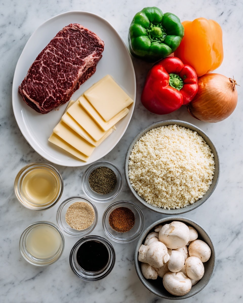 A white plate holds one large dark brown raw steak on the left and five pale yellow round cheese slices stacked on the right side. Next to the plate are three whole bell peppers in red, orange, and green, along with a single brown onion at the top right. Below the plate is a white bowl filled with light beige cauliflower rice grains, surrounded by small clear glass bowls of different spices showing dark red, white, black, light brown, and green powders, and a bowl with mixed grainy mustard. To the right is a gray bowl filled with whole white mushrooms. At the bottom left, two clear bowls hold a pale yellow liquid and a dark brown liquid. All items are placed on a white marbled surface. photo taken with an iphone --ar 4:5 --v 7