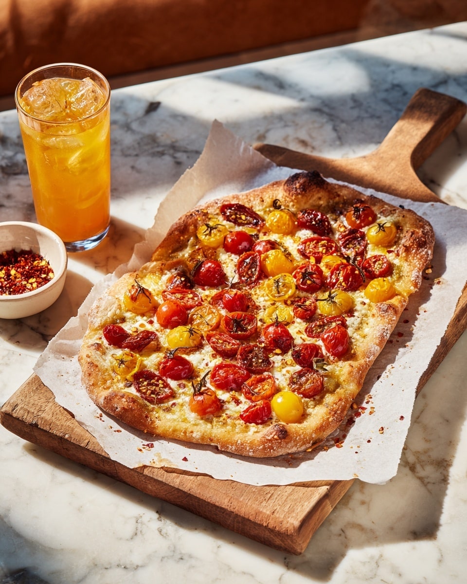 A small rectangular pizza rests on parchment paper over a wooden paddle board on a white marbled surface. The pizza has a golden brown crust with melted cheese as the base layer, topped with large round slices of red and yellow tomatoes spread out evenly. Scattered on top are small roasted cherry tomatoes and thin slices of red chili pepper adding red accents. Around the pizza, there is a small white bowl filled with red chili flakes and a glass of orange-colored iced drink partially visible. The overall scene has warm, inviting tones and natural light. photo taken with an iphone --ar 4:5 --v 7