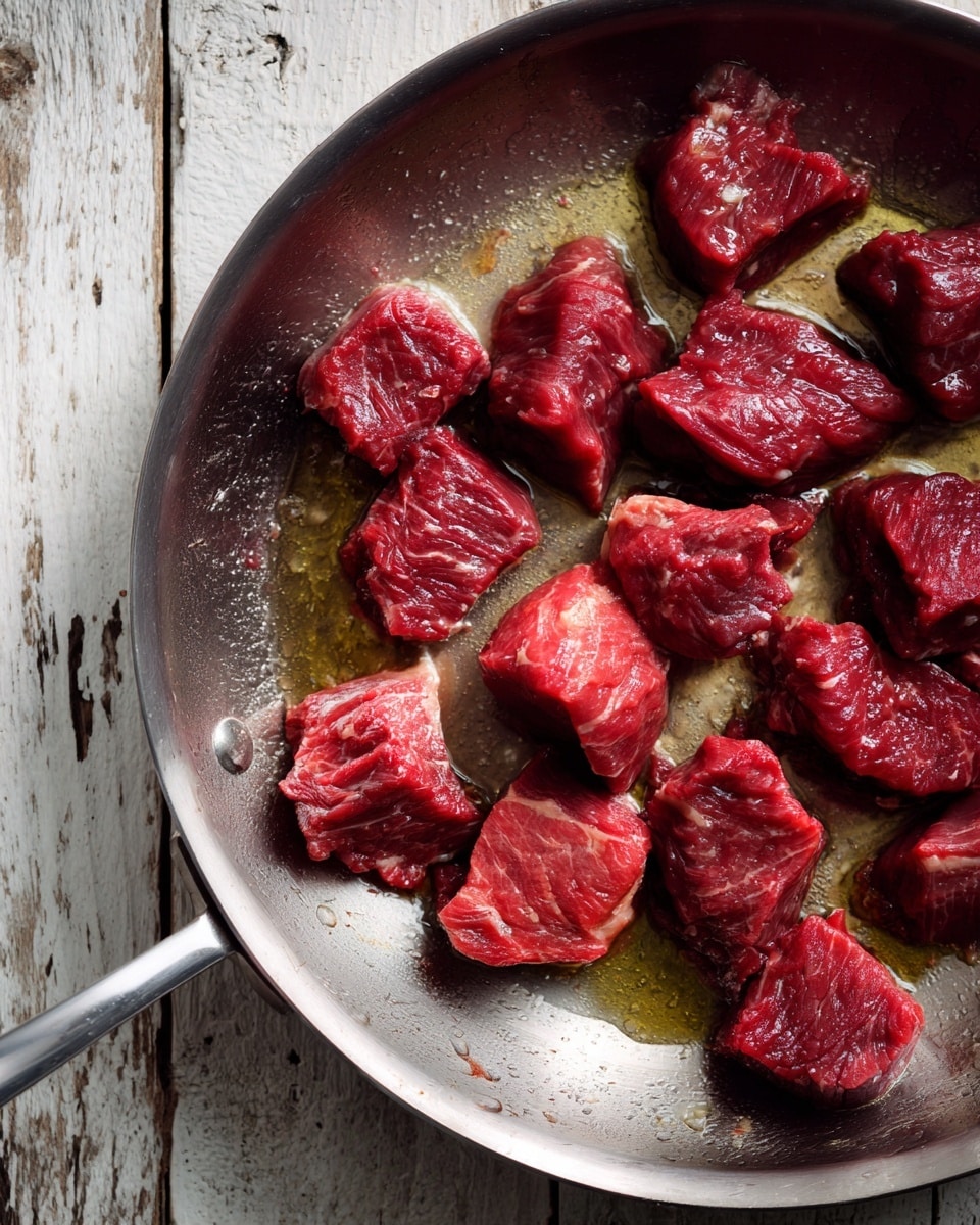 A close-up top view of several small pieces of raw red meat cooking in a silver metal frying pan with a slightly shiny surface; the pieces are evenly spread out and showing some slight browning in a few spots, with oil glistening around and between the meat chunks; the pan rests on a white marbled surface with rustic wooden planks partially visible around its edges photo taken with an iphone --ar 4:5 --v 7