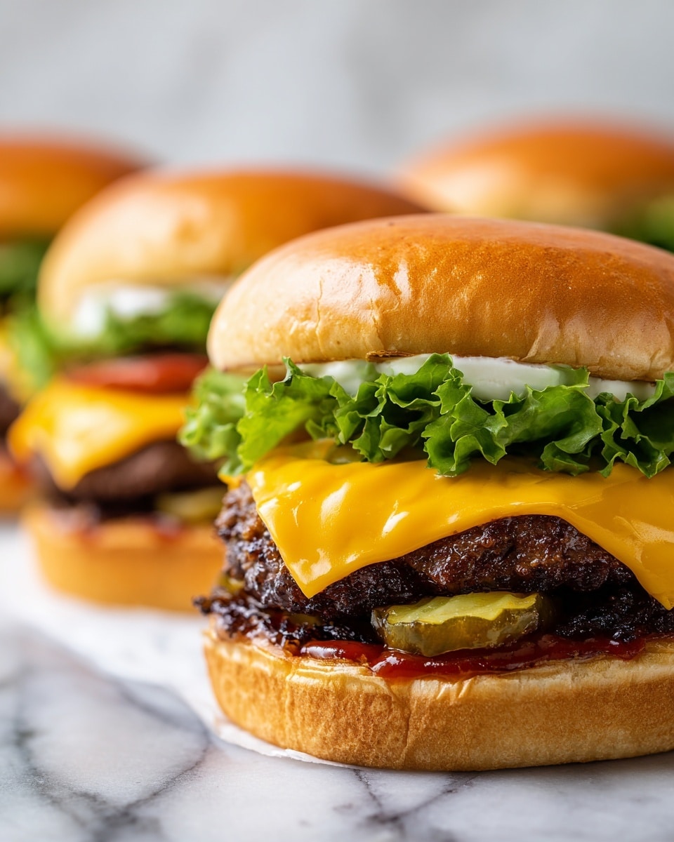 A close-up view of three cheeseburgers stacked high on a white marbled surface, focusing on the front burger. The front burger has five layers: a soft, golden brown top bun with a smooth texture, several green leafy lettuce leaves just below it, three slices of green pickles and white mayonnaise and red ketchup on top of melted bright orange cheddar cheese. Below the cheese, there are two thick beef patties with a charred and juicy texture, and grilled onions peeking out. The bottom layer is the golden toasted bottom bun, slightly glossy. The other two burgers in the background are similar but softly blurred. The photo taken with an iphone --ar 4:5 --v 7
