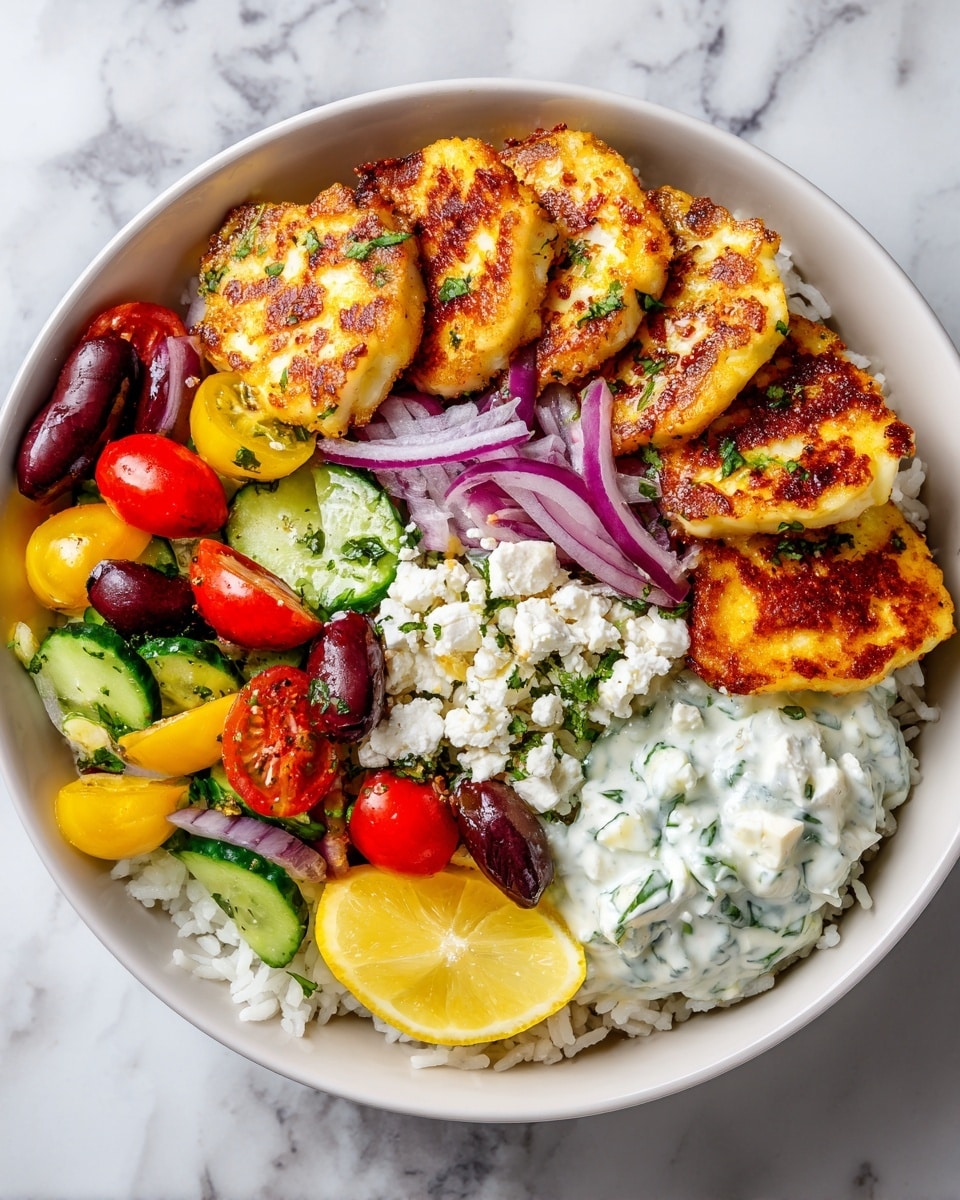 A close-up view of a dish on a white plate showing three golden brown, crispy fried cheese slices placed on the right side, with a quarter lemon slice near the top edge. To the left of the cheese, there is a fresh Greek salad layer featuring cucumber slices with visible seasoning, several dark Kalamata olives with a shiny texture, small white crumbly feta cheese pieces, and thin red onion slices. Beneath everything, a layer of white rice can be seen, and at the bottom, folded light beige flatbread pieces are arranged. The dish is set on a white marbled surface. photo taken with an iphone --ar 4:5 --v 7