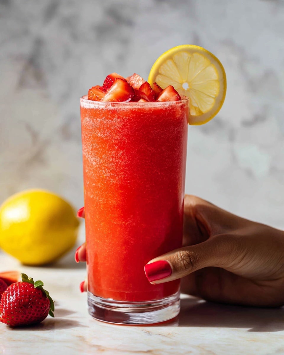 A tall clear glass filled with bright red smooth strawberry drink, topped with chunks of red strawberries. On the right edge of the glass, a round yellow lemon slice is placed. A woman's hand with red nail polish is holding the glass from the right side. The background has a white marbled texture, with a blurred yellow lemon and some red strawberry pieces at the bottom. photo taken with an iphone --ar 4:5 --v 7