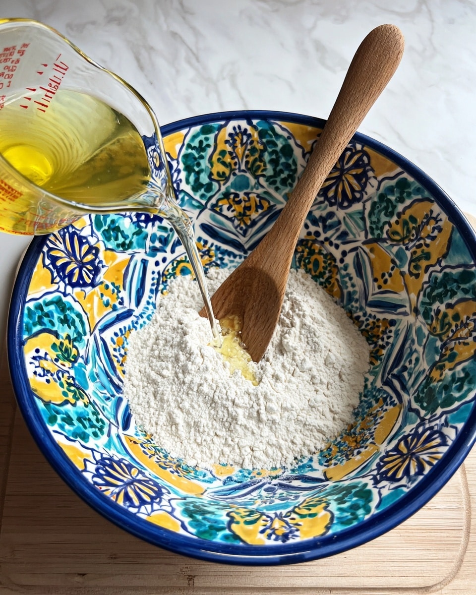 A white bowl with colorful blue, yellow, and green patterns inside is filled with white flour. A clear liquid is being poured from a transparent measuring cup into the bowl where the flour is, and a wooden spoon is stirring the mixture. The bowl sits on a light wooden surface with a white marbled background. photo taken with an iphone --ar 4:5 --v 7