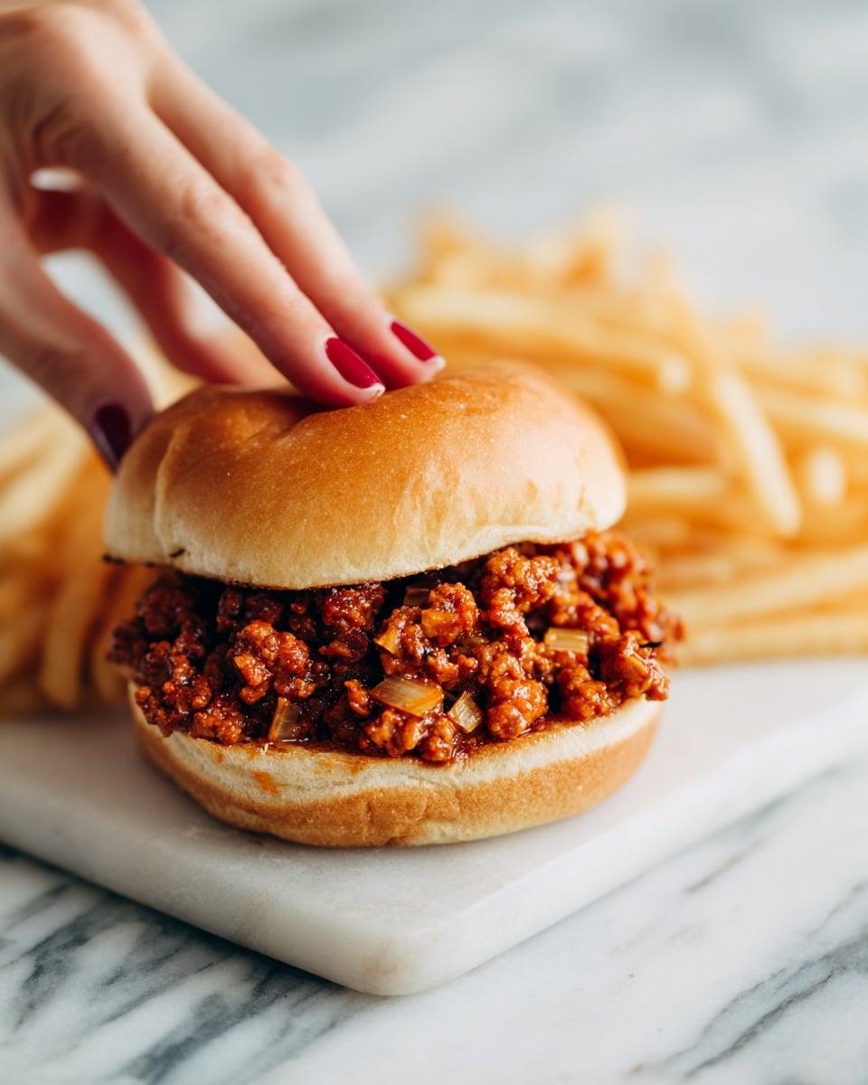 The image shows a sandwich with one main layer of chopped, cooked, reddish-brown filling that looks like seasoned meat mixed with small pieces of vegetables, held between two soft, light golden brown sandwich buns. A woman's hand with red-painted nails is pressing down gently on the top bun. To the left of the sandwich, there is a pile of pale golden French fries with a slightly crisp texture. All items rest on a white marbled surface. Photo taken with an iphone --ar 4:5 --v 7