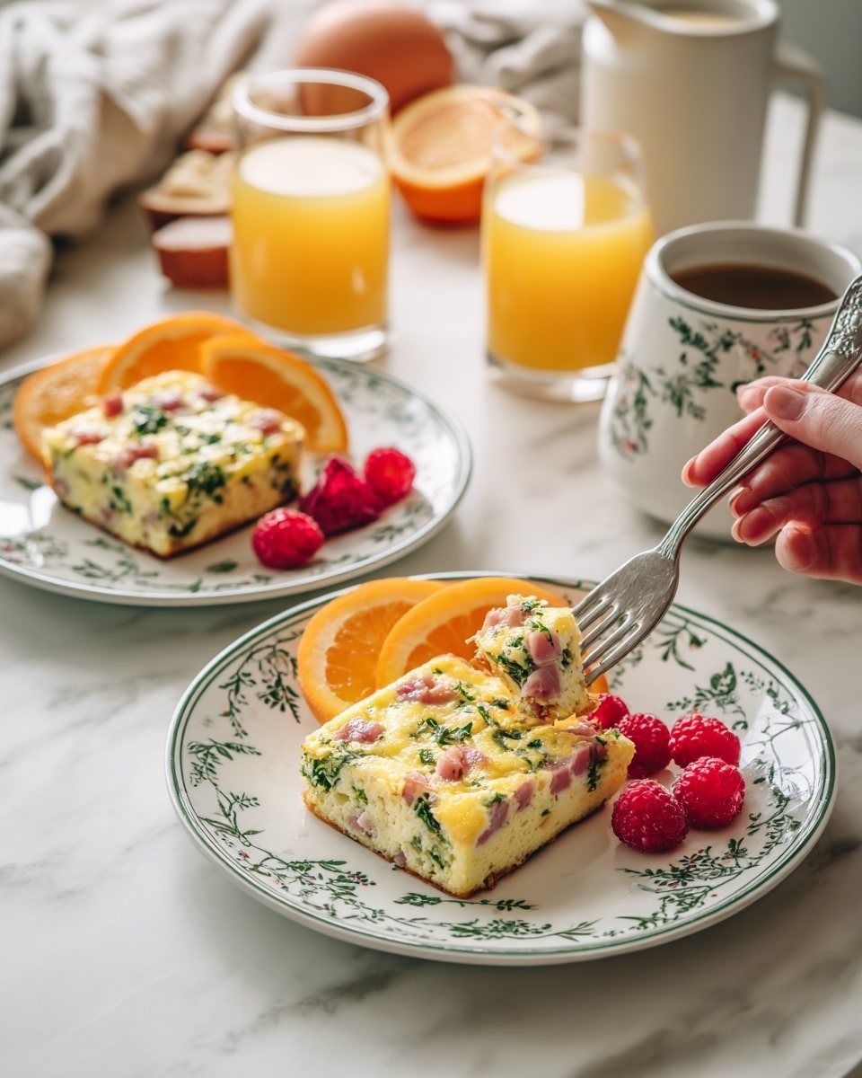 Two white plates with green designs hold a layered breakfast dish and fruit on a white marbled surface. Each plate has a square slice of a baked egg dish that shows a creamy yellow top layer with chunks of pink ham and green herbs scattered inside. Next to the egg slices are three bright orange wedges, bright and juicy, with a few red raspberries placed beside them. One plate has a fork resting on the edge, and a woman's hand holds a fork with a bite of the egg dish above it. Surrounding the plates are glasses of orange juice and a white jug filled with more juice giving a fresh morning feel. photo taken with an iphone --ar 4:5 --v 7
