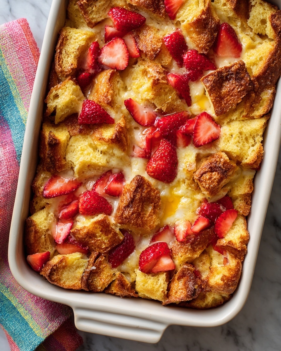 A white plate with a slice of bread pudding topped with small red strawberry pieces and light crumbly bits. The bread pudding has a golden brown, slightly crispy top with soft, creamy layers inside. Around the pudding on the plate, there are sliced strawberries with green leaves. Golden syrup is being poured from a bottle onto the bread pudding, creating a shiny, flowing texture over the top and pooling on the white plate which rests on a white marbled surface. Photo taken with an iphone --ar 4:5 --v 7