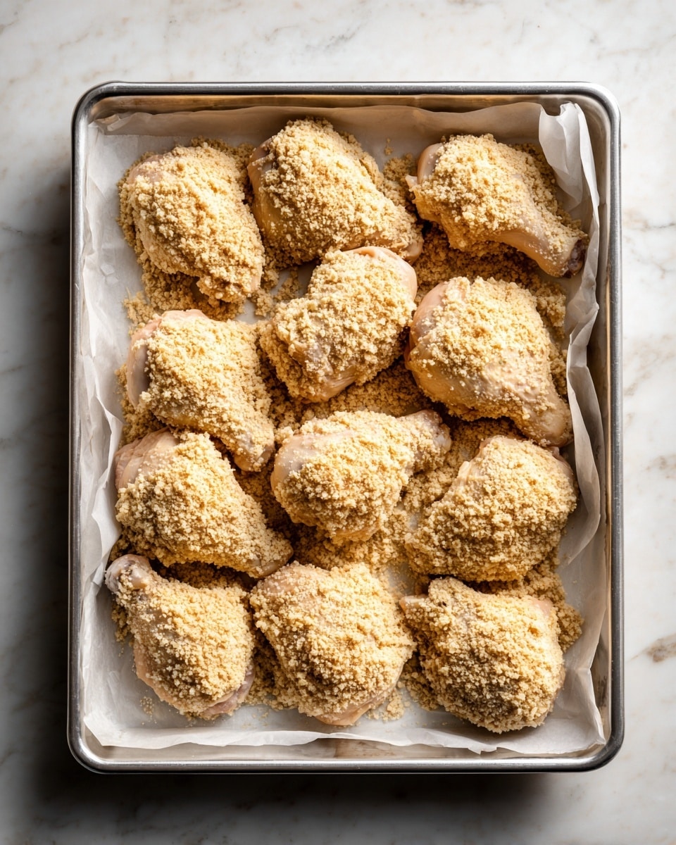 A metal baking tray lined with white parchment paper holds fourteen raw chicken pieces arranged in two rows. Each chicken piece is fully coated with a thick, rough, beige crumb layer that looks like oats mixed with flour. The crumb coating appears uneven with some bigger oat flakes visible, giving it a coarse texture. The tray edges are shiny silver, and the whole scene is set on a white marbled surface, creating a clean and simple backdrop. photo taken with an iphone --ar 4:5 --v 7