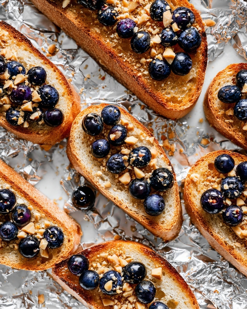 Several slices of light brown toasted bread with a slightly crunchy texture are laid out in two rows on crumpled foil. Each slice is topped with a scattering of small, dark blue blueberries and sprinkled with beige crushed nuts, giving a mix of shiny, soft, and crunchy textures. The foil has shiny, crinkled silver folds around the edges, and the background consists of a white marbled texture. Photo taken with an iphone --ar 4:5 --v 7