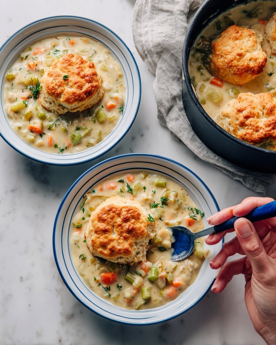 The image shows two white bowls with blue rims filled with a creamy stew with visible layers. The bottom layer is light and creamy, dotted with chunks of orange carrot and green celery bits. On top are two thick, golden-brown biscuits with a soft, crumbly texture, one biscuit in the front bowl is partly broken, showing a fluffy inside. A woman's hand holding a blue-handled spoon is in the front bowl. To the right is a black pot with two similar biscuits floating in the same creamy stew with visible vegetables. The whole setting is on a white marbled texture surface. photo taken with an iphone --ar 4:5 --v 7