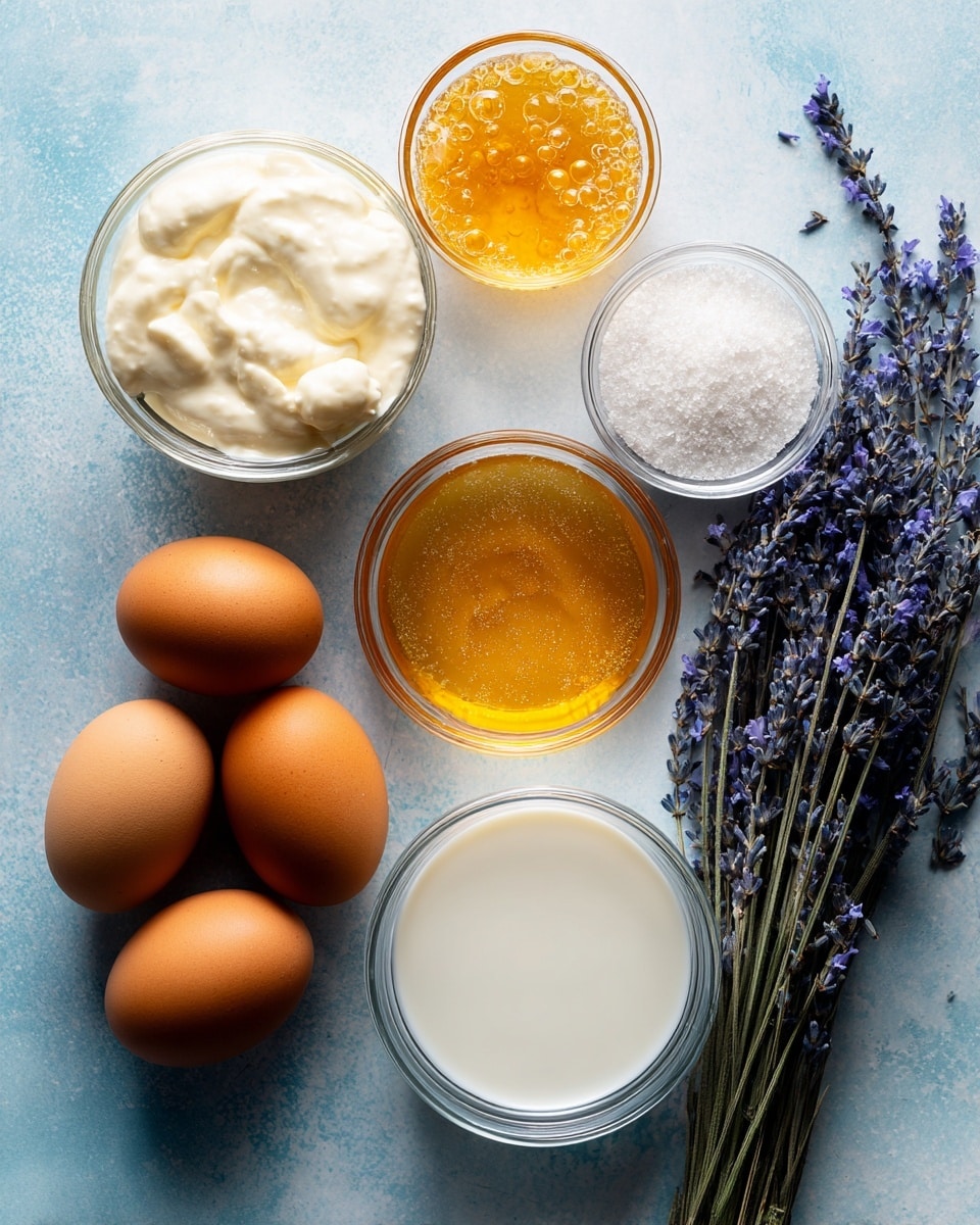 A top view of seven brown eggs arranged in a loose cluster at bottom left on a blue surface, surrounded by five small clear glass bowls of different ingredients: a large bowl of cream with thick off-white texture at the top left, a smaller bowl with a translucent golden liquid full of tiny bubbles at top right, a medium bowl filled with fine white granulated sugar placed near center, a large bowl of creamy white milk at bottom right, and an empty square glass dish at bottom left corner. A bunch of dried lavender flowers with pale purple-gray tones lies on the right side, all placed on a white marbled texture background photo taken with an iphone --ar 4:5 --v 7