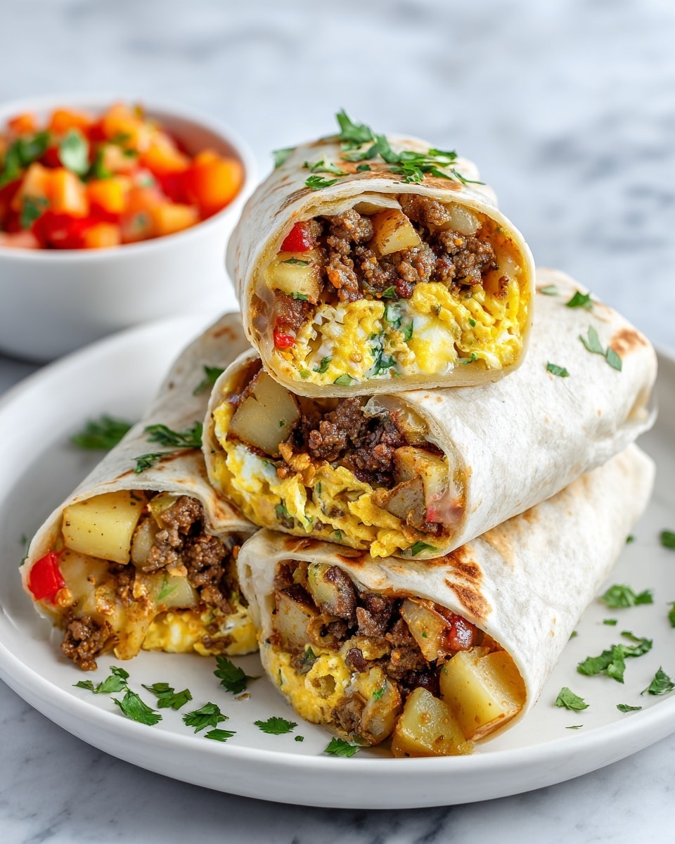 The image shows three cut pieces of a burrito stacked on top of each other on a white plate with a few small green herb bits sprinkled around. The burrito wrap is white and soft, with visible fillings that include a mixture of light yellow scrambled eggs, crumbled light brown sausage, small diced potatoes, and some green herbs. In the background, there is a small white bowl filled with colorful salsa made of orange tomatoes, green herbs, and possibly small pieces of onion. The whole scene is set on a white marbled surface. photo taken with an iphone --ar 4:5 --v 7
