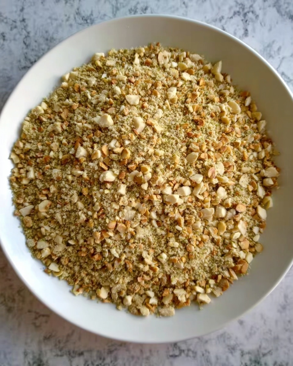 A white plate is filled with one layer of small, uneven pieces of crushed nuts and seeds that are light brown, tan, and pale yellow in color. The texture looks crumbly and dry, covering the entire surface of the plate. The background is a white marbled texture. Photo taken with an iphone --ar 4:5 --v 7