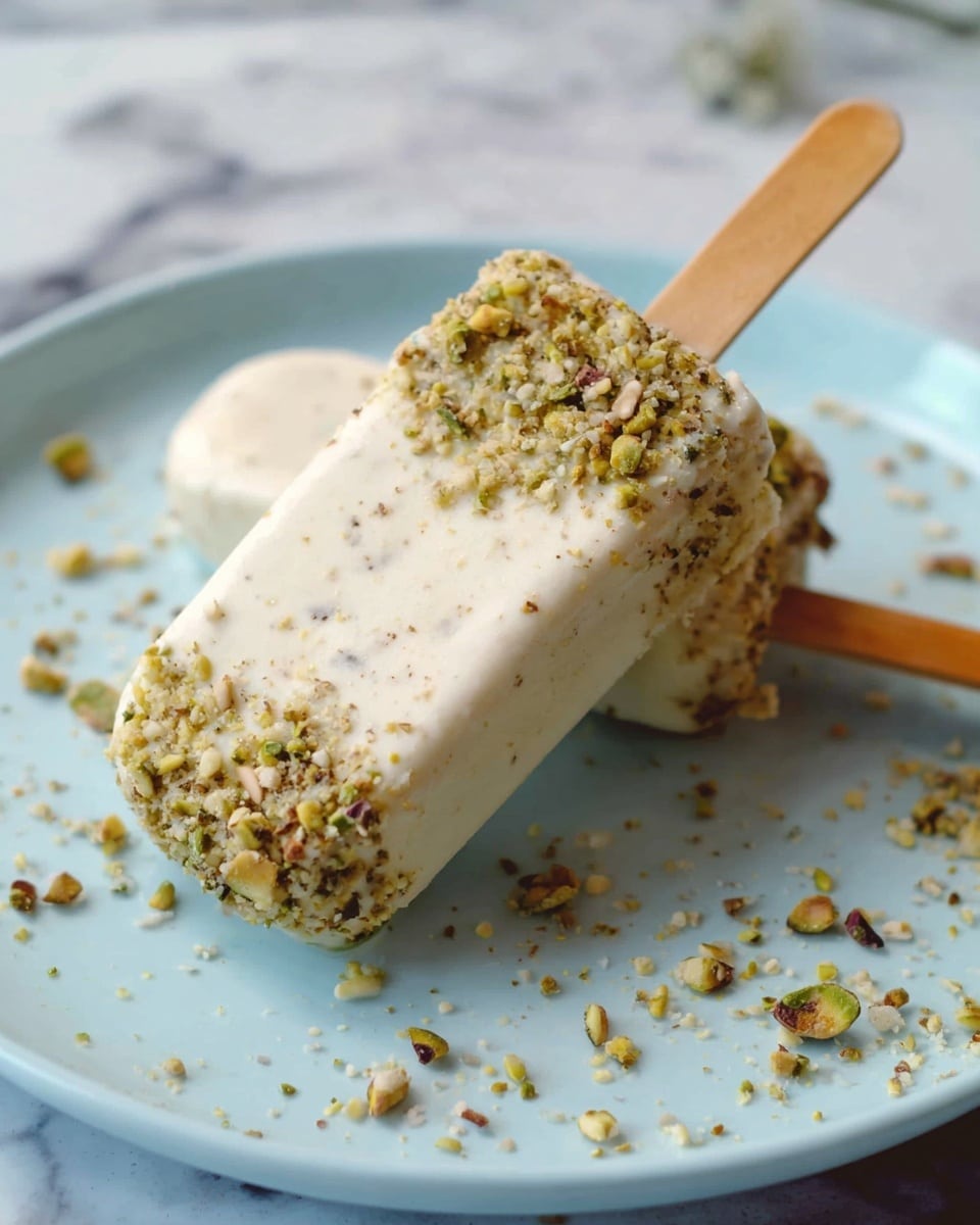 Two creamy white popsicles with rough textured edges covered in small green and beige crushed nuts are placed on a white plate with a soft blue tint. One popsicle is standing upright with a wooden stick in the center, while the other is lying down with its wooden stick facing right. The plate is sprinkled with crushed nuts around the popsicles on a white marbled surface background. The scene is bright and softly focused. photo taken with an iphone --ar 4:5 --v 7