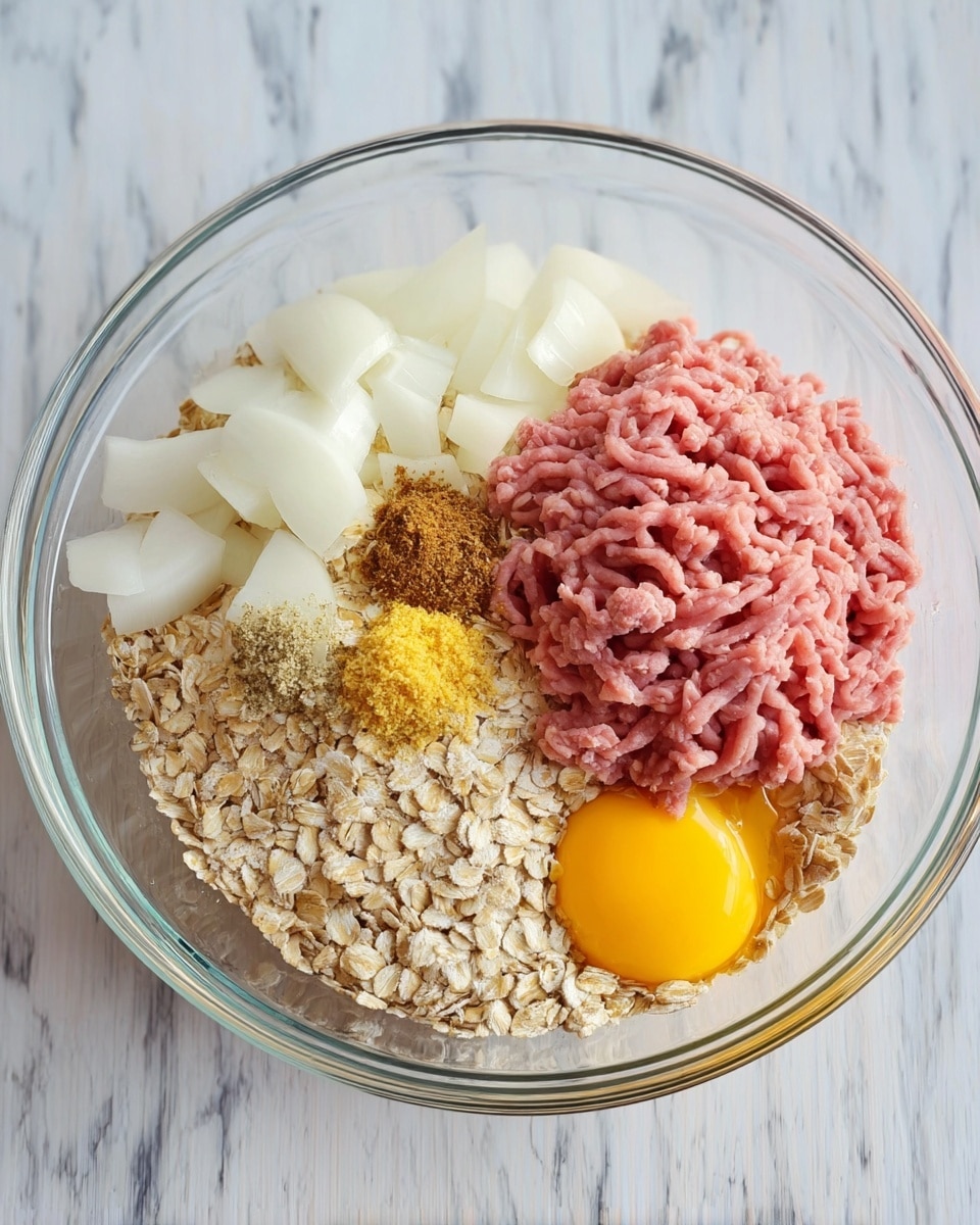 A clear glass bowl sits on a white marbled surface, filled with six distinct ingredients layered separately. On the left side, there is a thick layer of light beige oats. Above the oats are big chunks of white onion. Towards the top right, a mound of pink ground meat with a soft, noodle-like texture is placed. At the bottom right near the meat, a bright yellow raw egg yolk with clear egg white around it rests. In the middle, a small pile of light brown powdered spice and a bit of minced yellow garlic sits on top of the oats and touches the onion and meat. The photo taken with an iphone --ar 4:5 --v 7