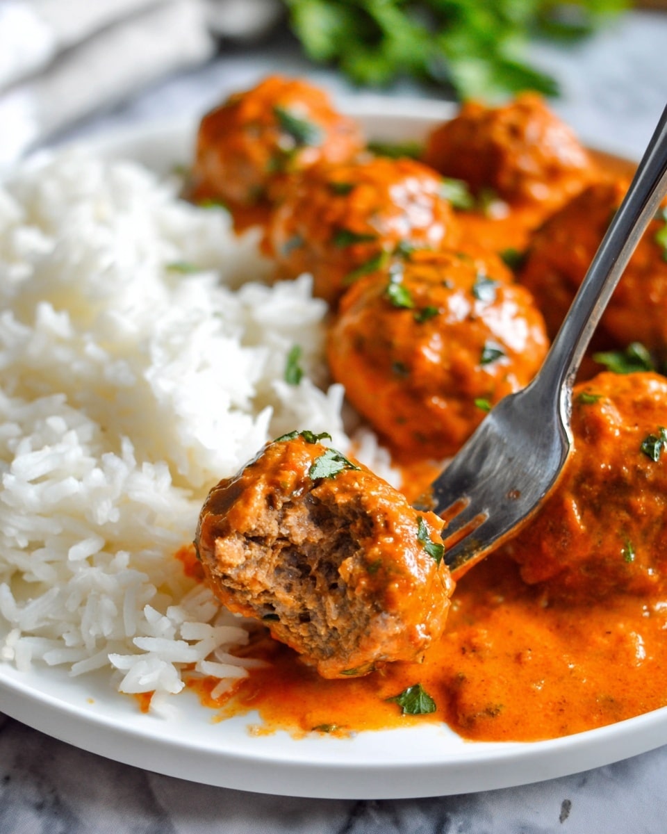 In a white plate on a white marbled texture, there is a serving of white rice on the left side, fluffy and separated into grains. On the right side, there are several meatballs covered in thick orange sauce with visible herbs and small leafy green pieces on top. One meatball is cut open, showing its brown interior mixed with bits of vegetables or herbs. A silver fork is picking at this meatball, with sauce coating the fork's tines. Some green leafy garnish is seen in the blurred background. Photo taken with an iphone --ar 4:5 --v 7