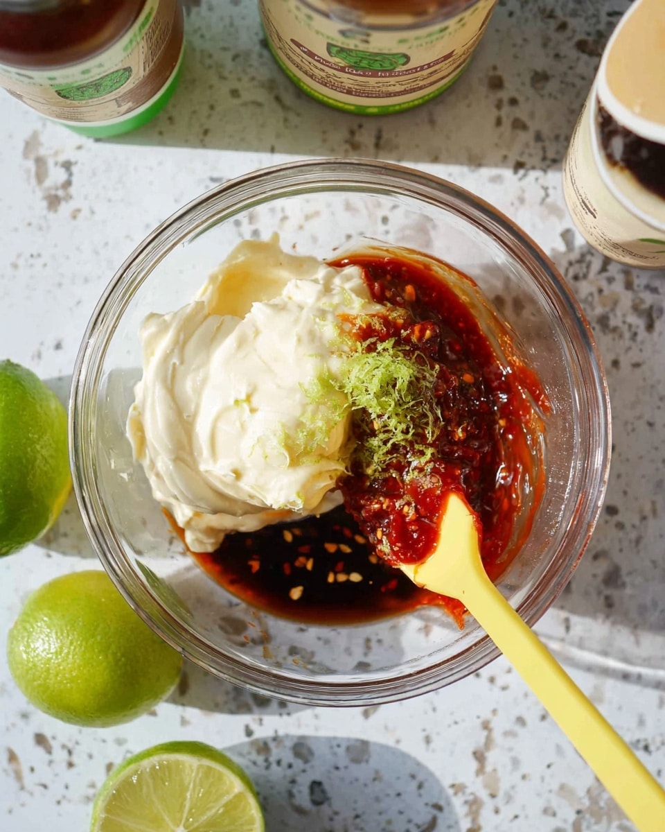 A clear glass bowl is placed on a white marbled surface, filled with four visible layers: a large portion of creamy, white mayonnaise on top left, thick red chili sauce with visible chili seeds on the right, dark brown soy sauce pooling at the bottom left, and finely grated green lime zest sprinkled in the center where all layers meet. A yellow spatula is partially dipped into the mixture from the right side, resting slightly on the red chili layer. Around the bowl, there are two lime halves with green skin on the left, and three bottles with green and beige labels placed on the white marbled surface above and below the bowl. Some light shadows and soft natural lighting complete the scene photo taken with an iphone --ar 4:5 --v 7