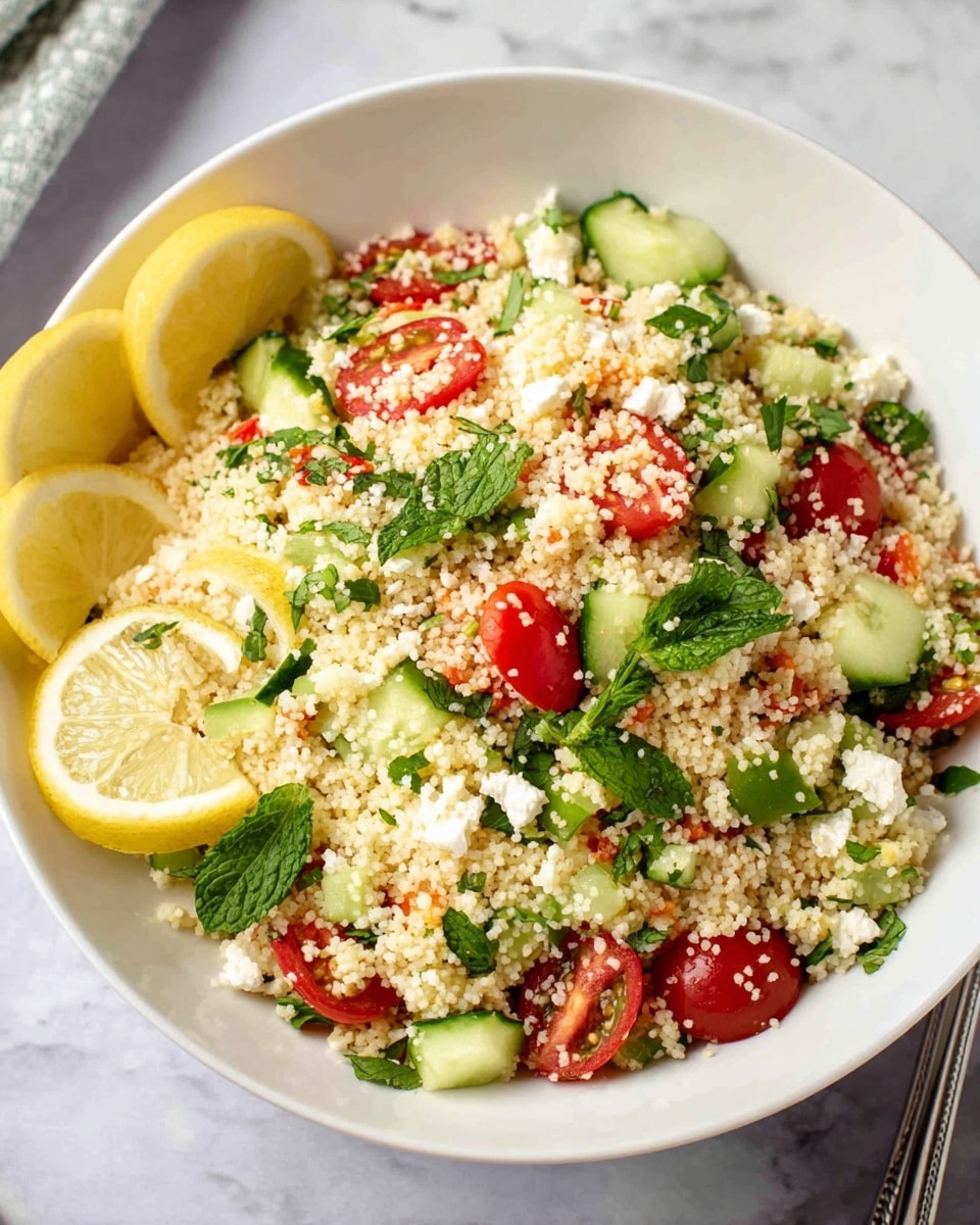 A white bowl filled with a layered couscous salad sits on a white marbled surface, showing three main layers: a base of light beige couscous grains mixed with small bits of white cheese, scattered bright green cucumber slices, and halved red cherry tomatoes. Fresh green herbs are mixed throughout, adding a touch of dark green color. Two lemon slices with a pale yellow color rest on the left side of the bowl, leaning against the salad. The overall texture looks fluffy with fresh, crisp vegetables on top. Photo taken with an iphone --ar 4:5 --v 7