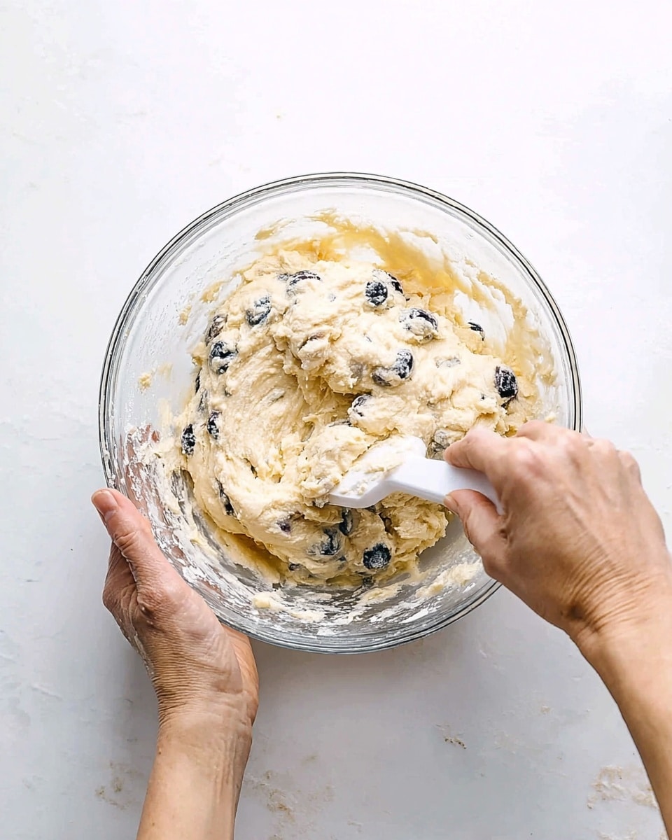 A clear glass bowl filled with creamy light beige batter mixed with scattered dark blueberries is held by a woman's hand on the right side. Another woman's hand on the left is stirring the mixture using a white spatula, blending the thick and slightly fluffy batter with visible blueberry pieces inside. The bowl is set against a white marbled surface, creating a clean and bright background. photo taken with an iphone --ar 4:5 --v 7