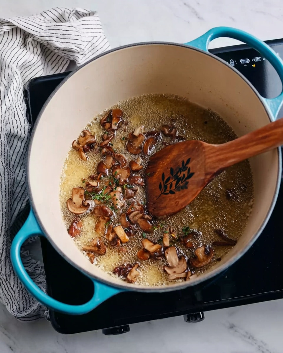 A white enamel pot with turquoise handles sits on a black stovetop over a white marbled surface. Inside the pot, there are small pieces of browned mushrooms cooking in bubbling light brown oil or butter. A wooden spoon with dark small leaf patterns on the scoop edge is placed inside the pot, stirring the mushrooms. A striped white and dark cloth is casually placed near the pot's handle in the background. photo taken with an iphone --ar 4:5 --v 7