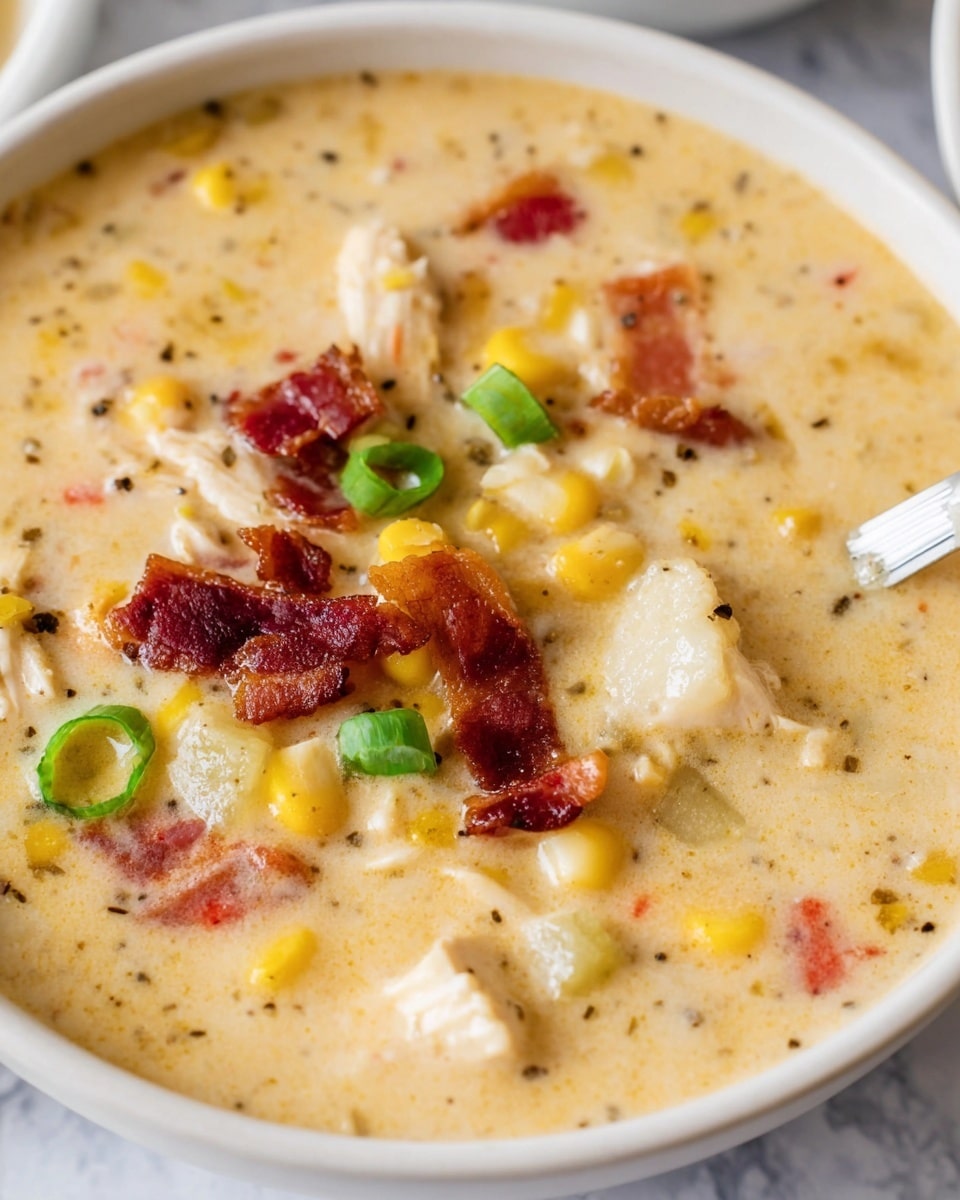 A close-up of a creamy soup with a thick, pale yellow base, showing pieces of light white chicken, bright yellow corn kernels, and crispy dark red bacon bits scattered throughout. There are a few round slices of green onions adding a fresh color contrast. The soup has a slightly lumpy texture with visible black pepper specks. The background is a white marbled texture with a white spoon visible on the right side inside a white bowl. Photo taken with an iphone --ar 4:5 --v 7