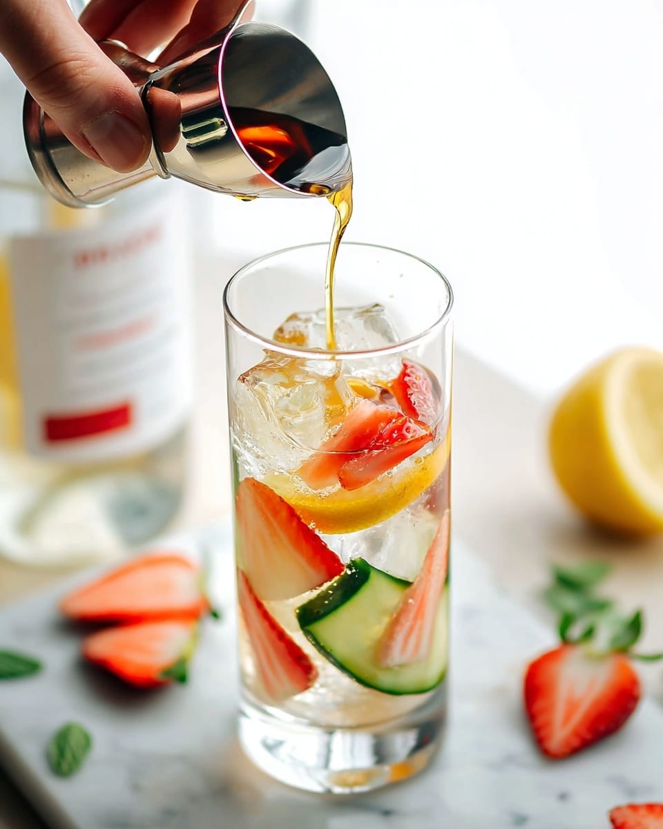 A tall clear glass filled with several clear ice cubes sits on a white marble textured surface. Inside the glass, there are thin slices of red strawberry and green cucumber arranged throughout, along with a long strip of orange peel. A woman's hand pours a dark amber liquid from a small shiny metal measuring cup into the glass, the liquid flowing over the ice and fruit. In the background, a blurred bottle with a white label and red text is visible, along with a half-cut lemon. Some sliced strawberries and fresh green leaves are scattered on the white marble surface around the glass. Photo taken with an iphone --ar 4:5 --v 7
