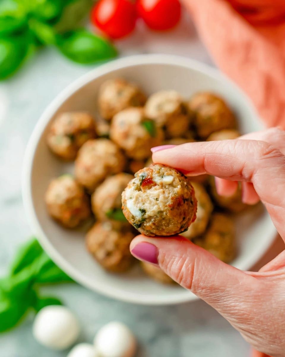 A close-up image showing a woman's hand holding a small round meatball with visible bits of herbs and vegetables inside. In the background, there is a white bowl filled with more similar meatballs, slightly out of focus. Surrounding the bowl are fresh green basil leaves on a white marbled surface, with some small white mozzarella balls and red tomatoes blurred in the background. The colors are warm and natural, emphasizing the fresh and homemade look of the meatballs. photo taken with an iphone --ar 4:5 --v 7