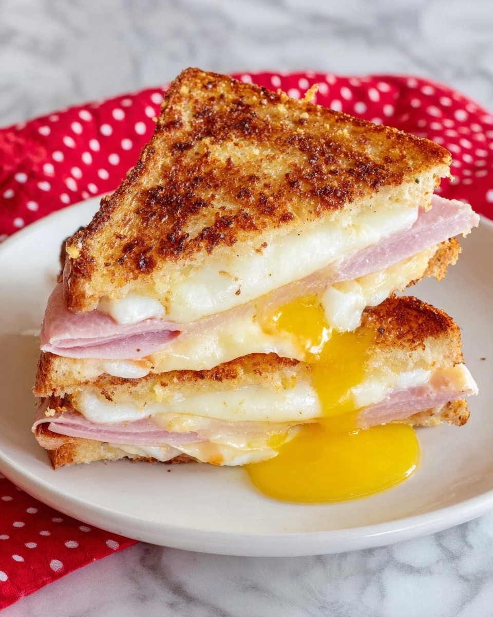A grilled sandwich cut in half stacked on a white round plate, showing three main layers: the top crispy golden brown bread with a crunchy texture, the middle layer consisting of light pink slices of ham, a creamy melted white cheese layer, and a glossy bright yellow layer of cooked egg yolk that is soft and slightly spilling out. The sandwich is placed on a white marbled surface with a red cloth with white polka dots in the background. Photo taken with an iphone --ar 4:5 --v 7
